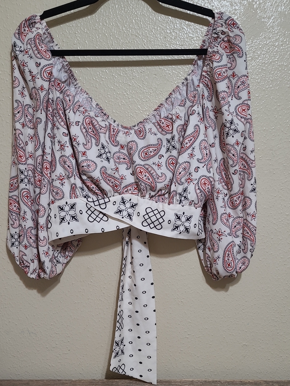Paisley Off-Shoulder Tie-Front Crop Top - White with Red & Black Print
